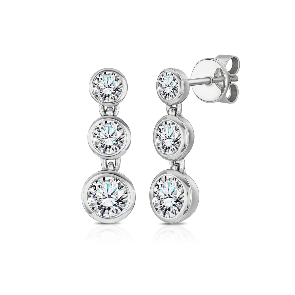 JeenMata 1 Carat Lab Grown Diamond Bezel Drop Earrings - Classic Round Cut Three Stones Dangle Earrings in 18K White Gold Plating for Women