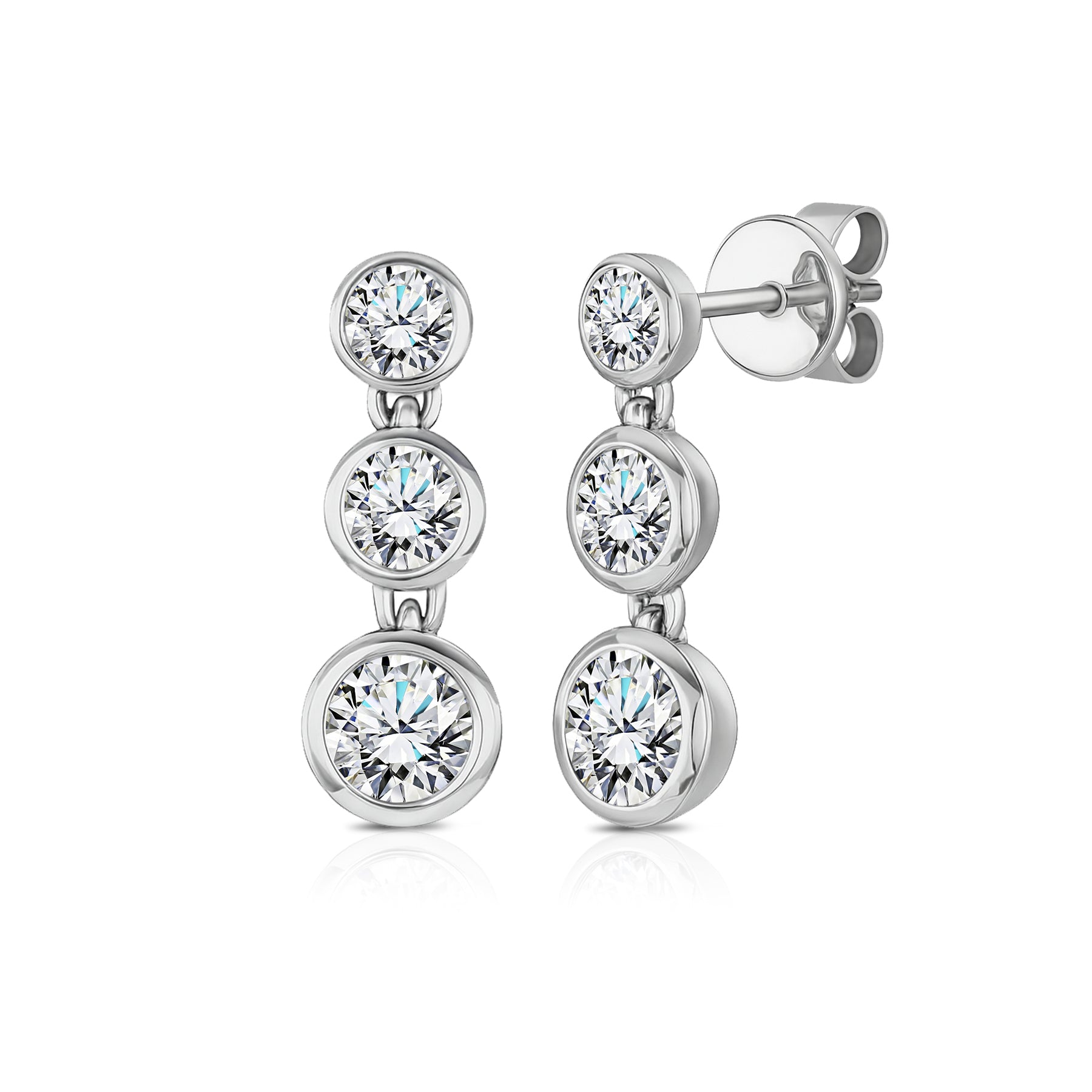 JeenMata 1 Carat Lab Grown Diamond Bezel Drop Earrings - Classic Round Cut Three Stones Dangle Earrings in 18K White Gold Plating for Women