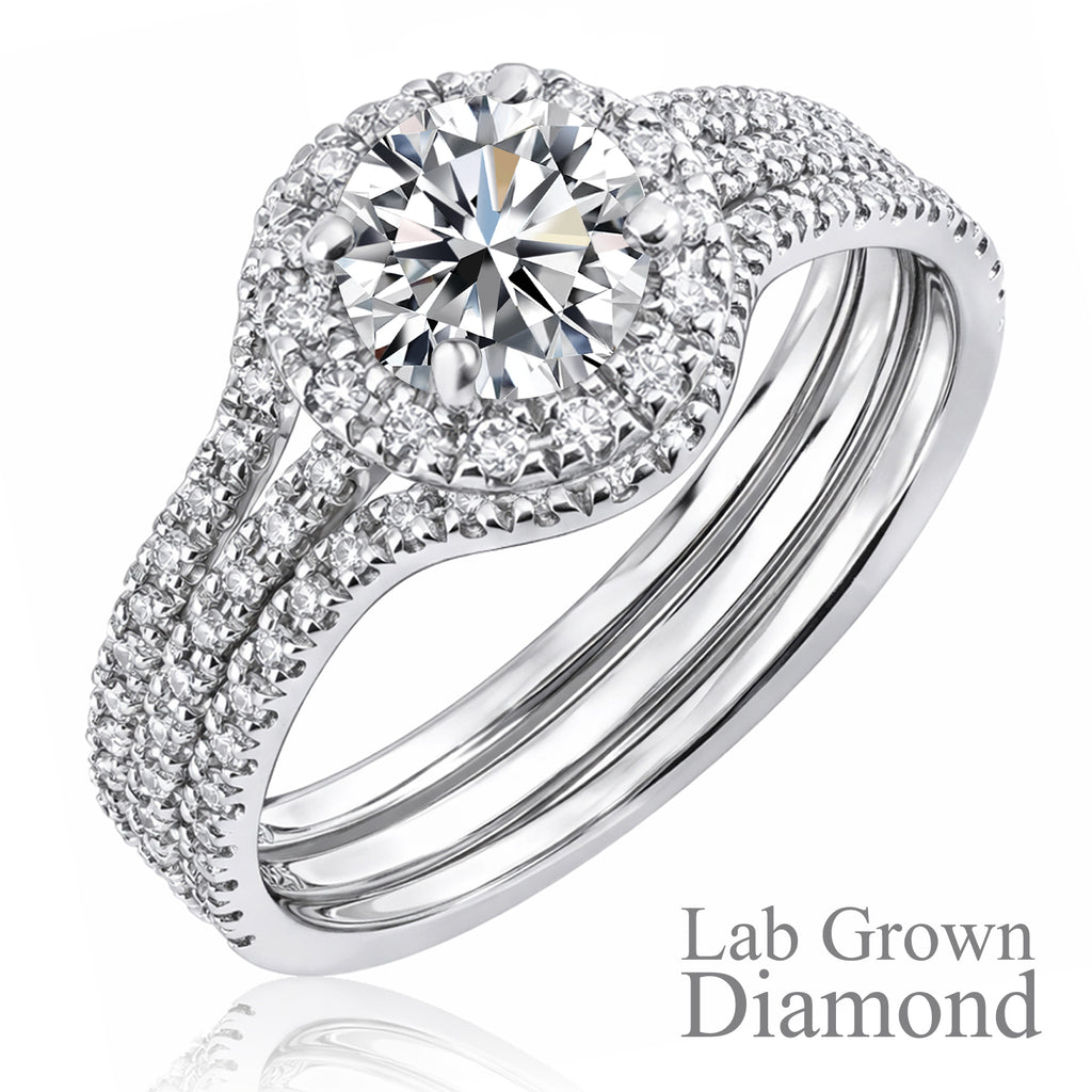 JeenMata 1 Carat Lab Grown Diamond Trio Wedding Ring Set - Round Cut Halo Statement Ring in 18K White Gold Plating for Women