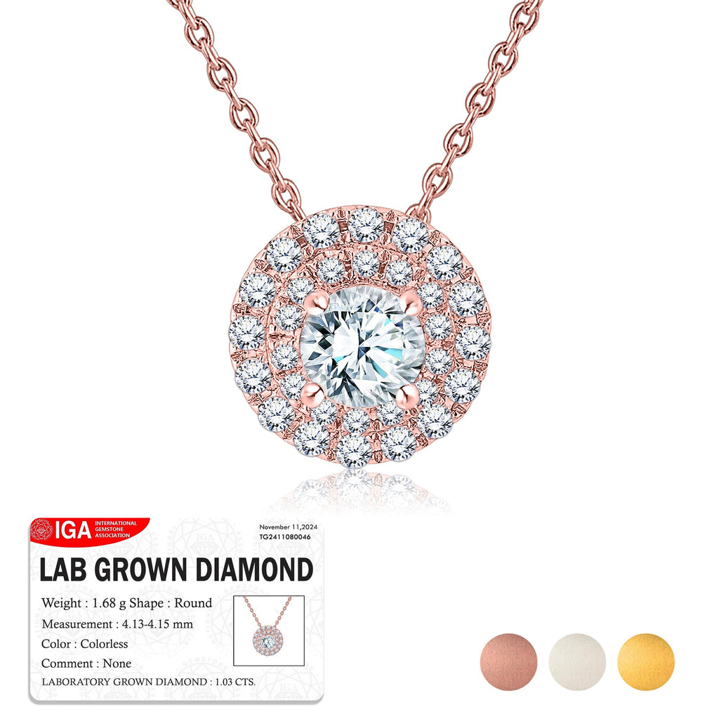 Certified 1 Carat Round Cut Lab Grown Diamond Double Halo Pendant Necklace