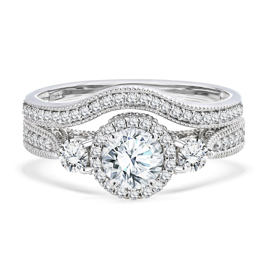 2 Carat Moissanite Wedding Ring Set - Round Cut Vintage Design Halo Bridal Set in 18K White Gold Over Silver