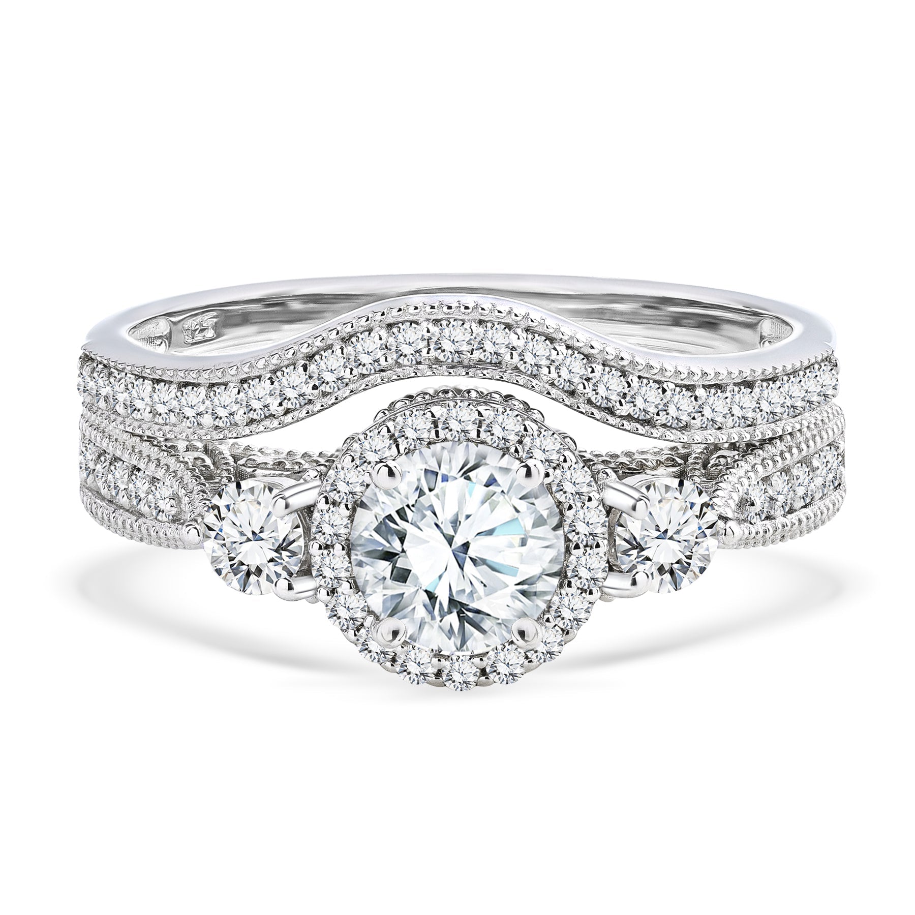 2 Carat Moissanite Wedding Ring Set - Round Cut Vintage Design Halo Bridal Set in 18K White Gold Over Silver
