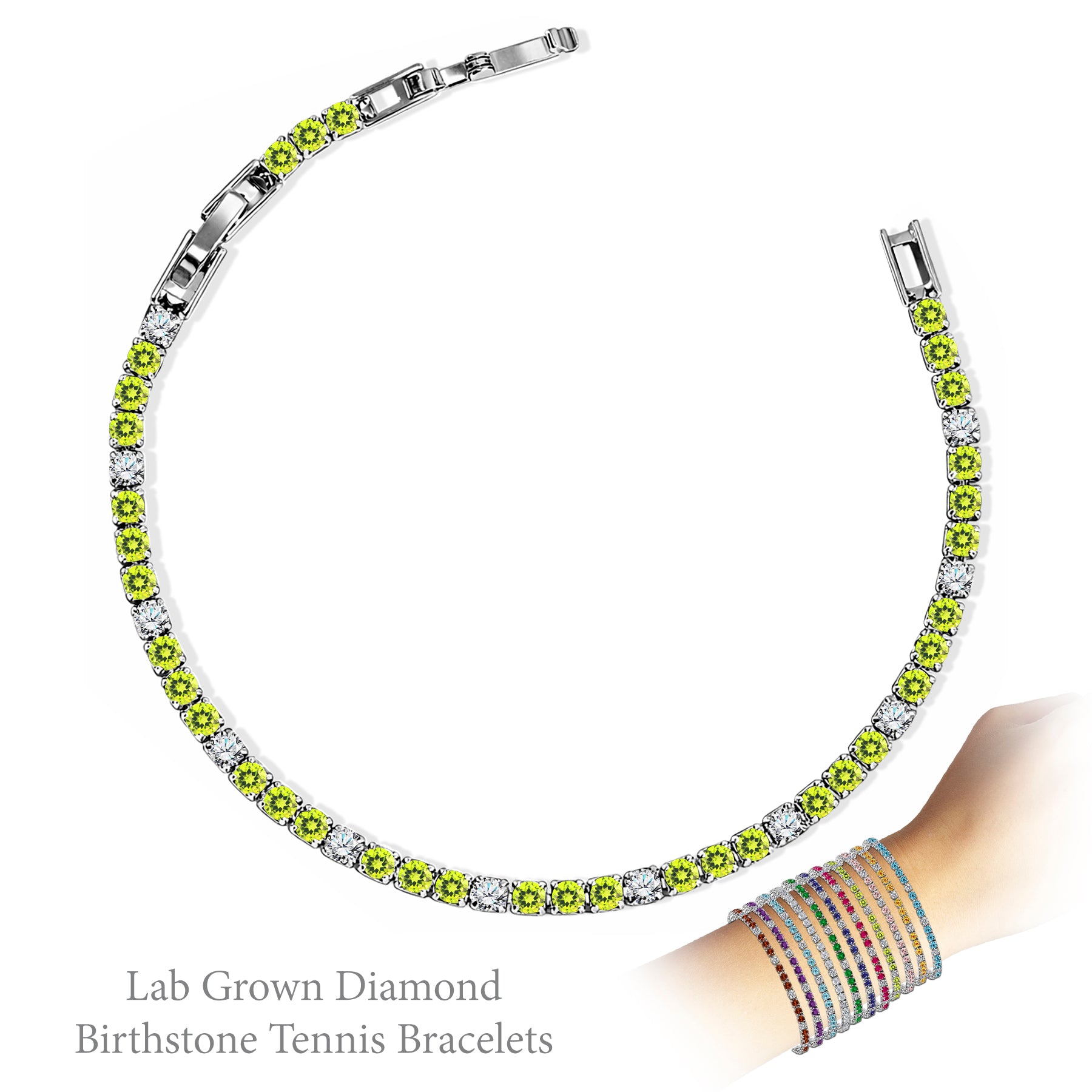 JeenMata 8 Carat Lab Grown Diamond & Peridot Alternating Birthstone Tennis Bracelets - 18K White Gold Plating for Women Eternity Design Bracelet