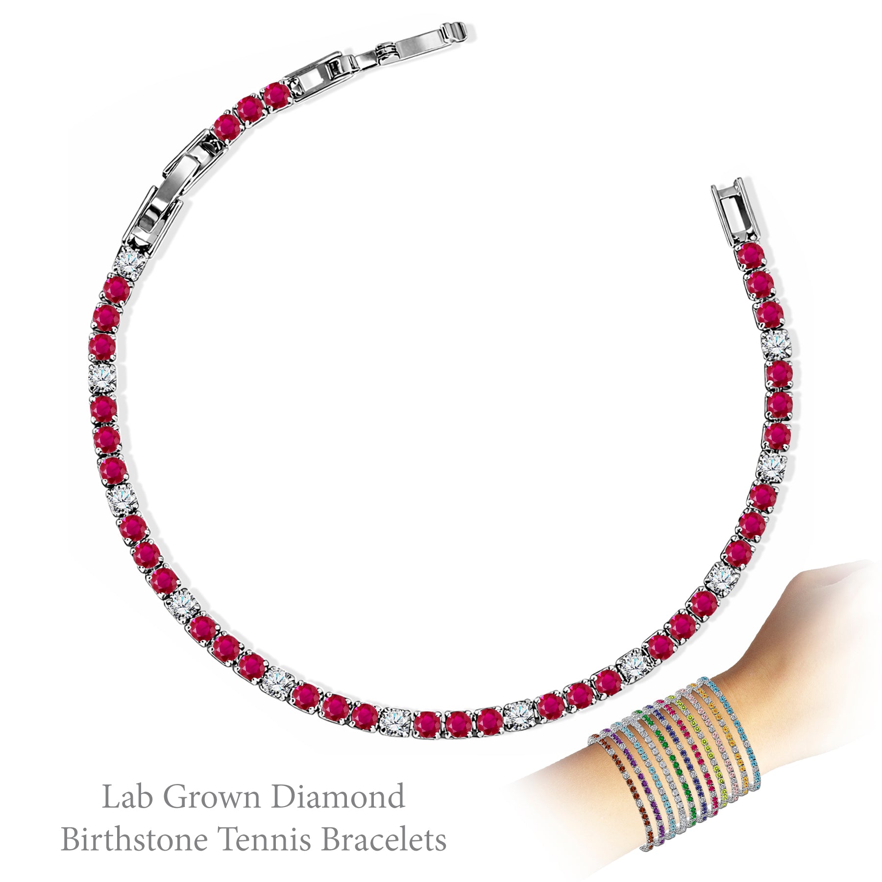 JeenMata 8 Carat Lab Grown Diamond & Ruby Alternating Birthstone Tennis Bracelets - 18K White Gold Plating for Women Eternity Design Bracelet