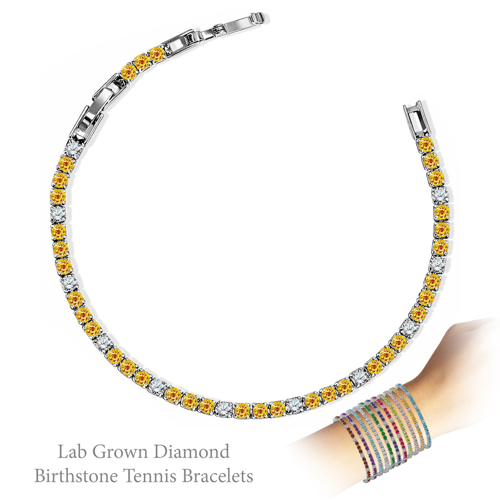 JeenMata 8 Carat Lab Grown Diamond & Citrine Alternating Birthstone Tennis Bracelets - 18K White Gold Plating for Women Eternity Design Bracelet