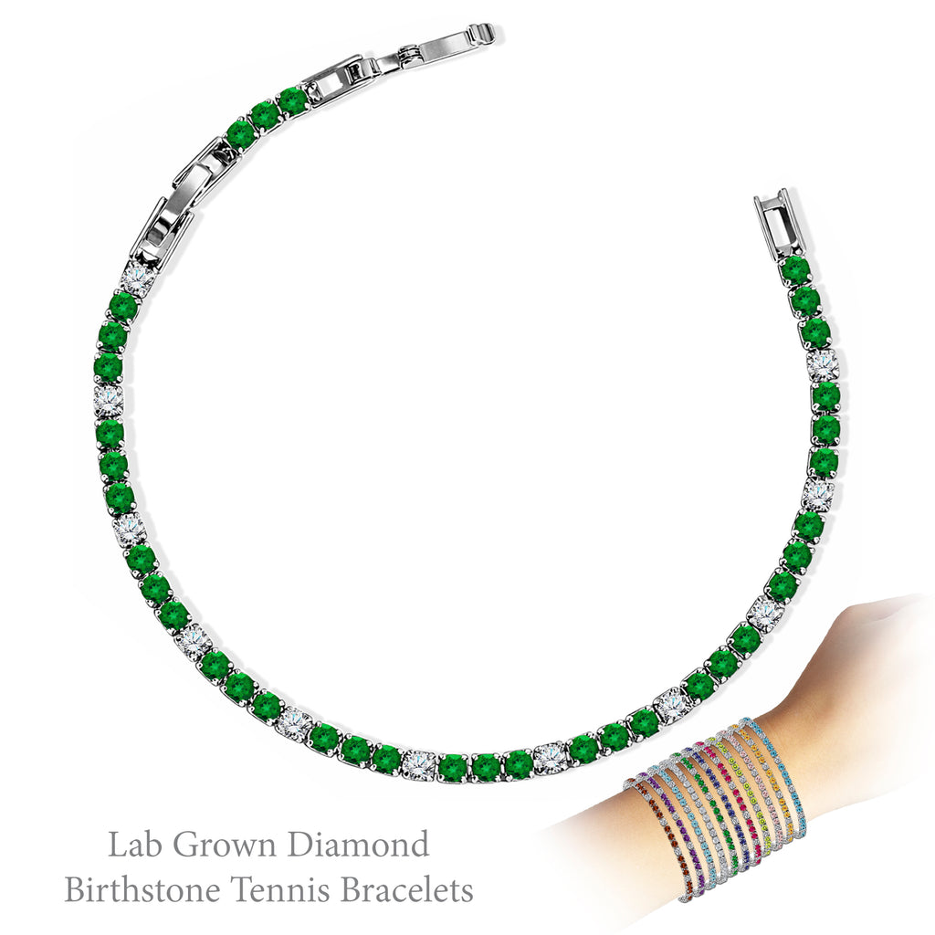 JeenMata 8 Carat Lab Grown Diamond & Emerald Alternating Birthstone Tennis Bracelets - 18K White Gold Plating for Women Eternity Design Bracelet