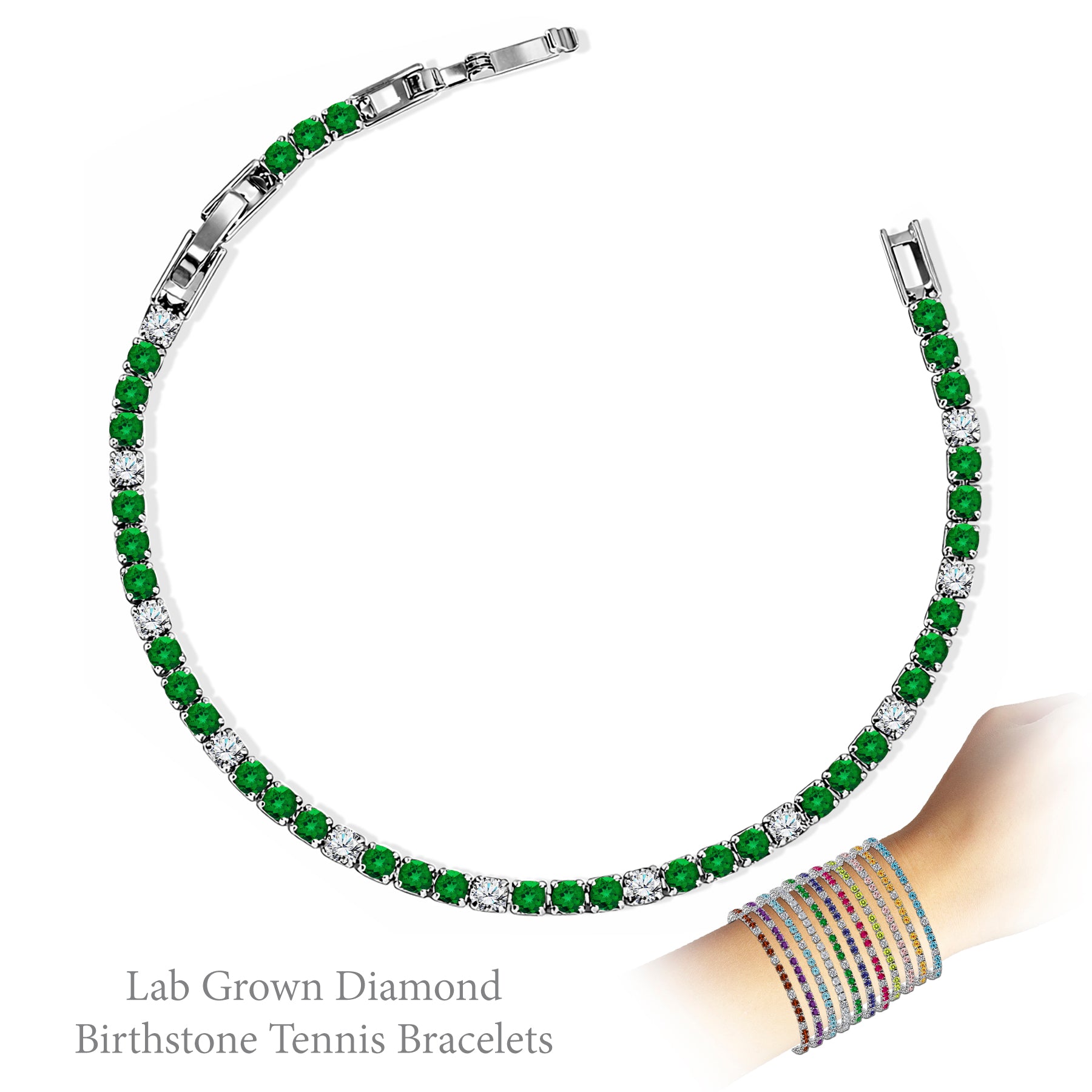 JeenMata 8 Carat Lab Grown Diamond & Emerald Alternating Birthstone Tennis Bracelets - 18K White Gold Plating for Women Eternity Design Bracelet