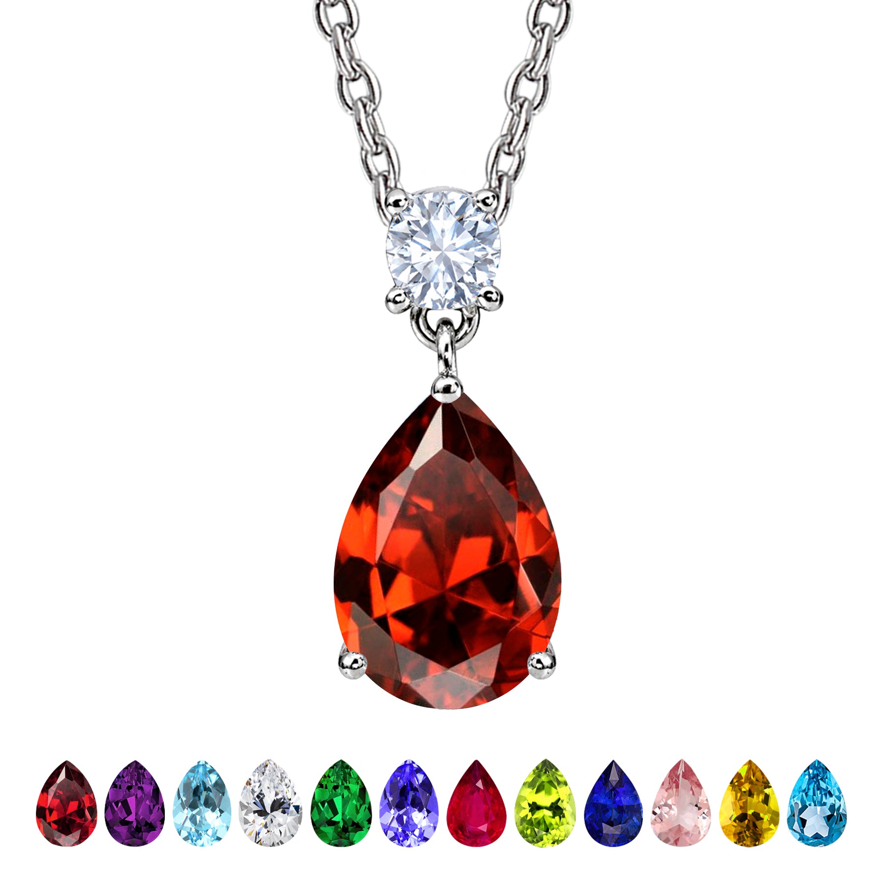 JeenMata 3.25 Carat Garnet January Birthstone - Round and Pear Cut Dangle Pendant Necklace in 18k White Gold Plated for Women