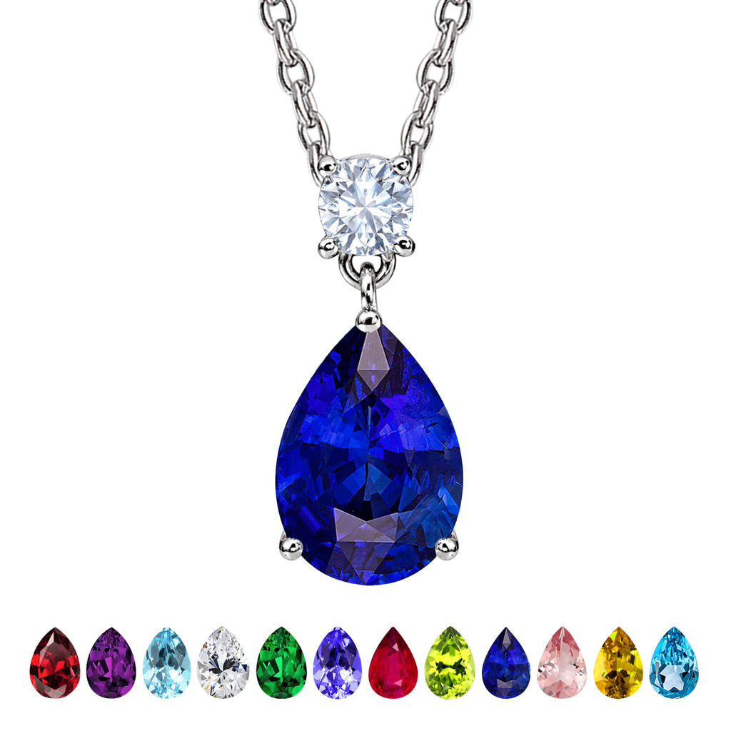 JeenMata 3.25 Carat Royal Blue Sapphire September Birthstone - Round and Pear Cut Dangle Pendant Necklace in 18k White Gold Plated for Women