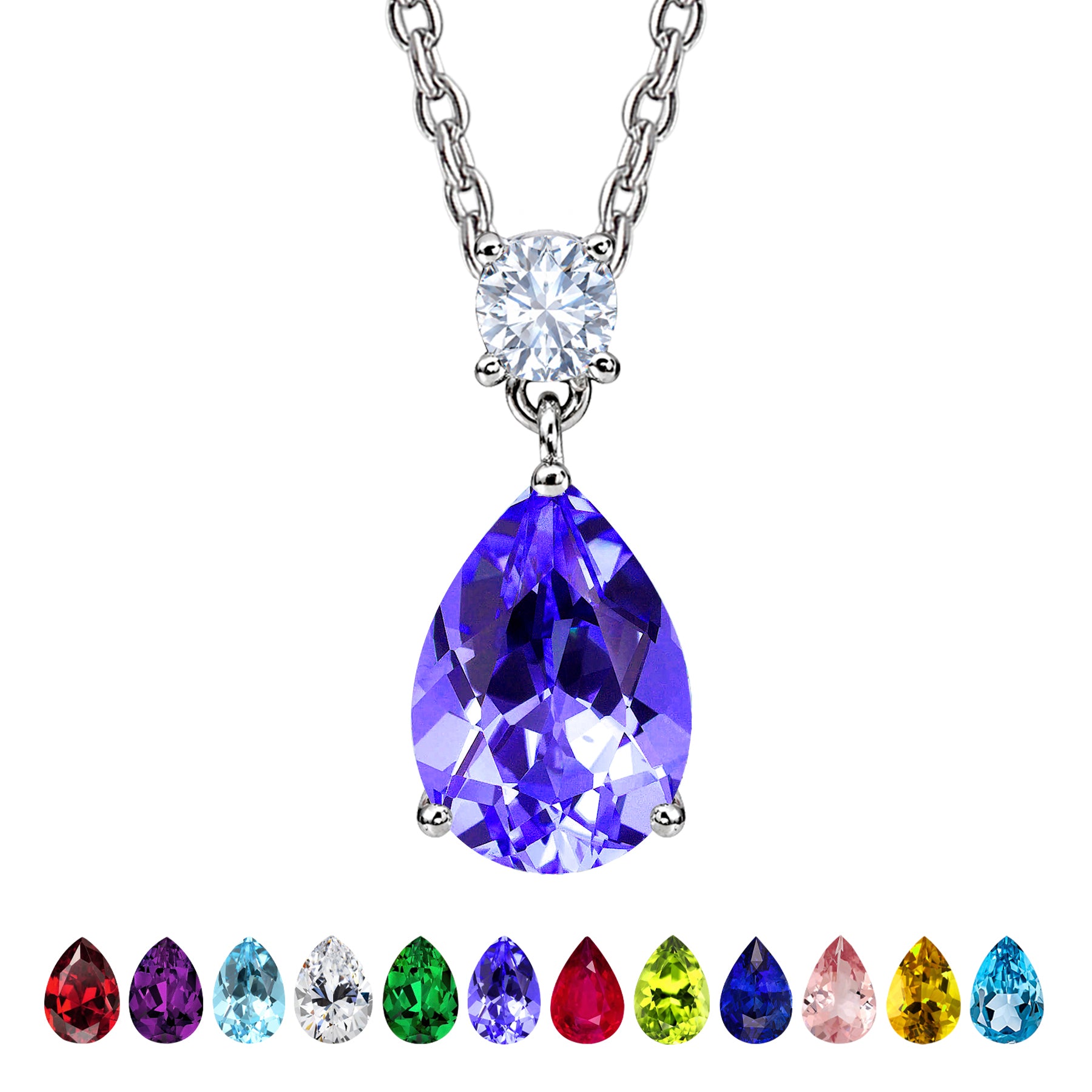 JeenMata 3.25 Carat Alexandrite June Birthstone - Round and Pear Cut Dangle Pendant Necklace in 18k White Gold Plated for Women