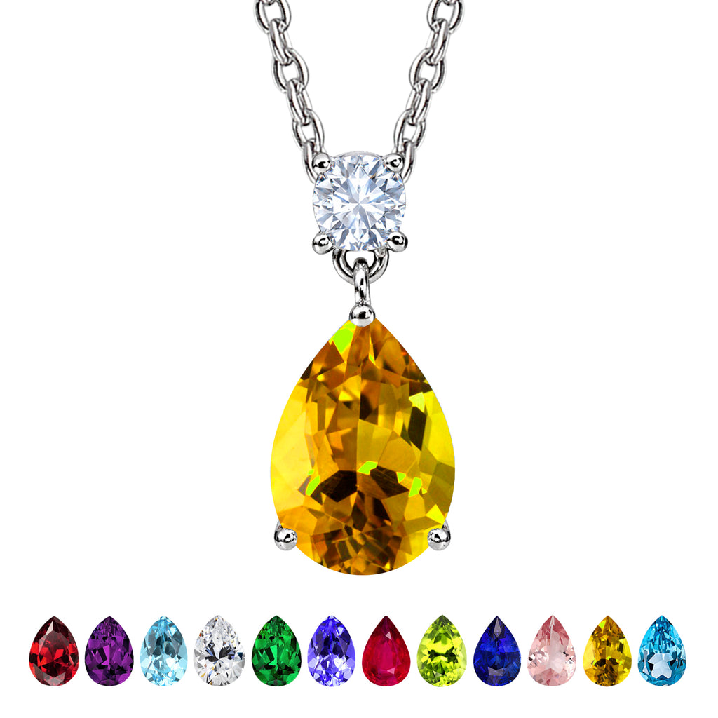 JeenMata 3.25 Carat Citrine November Birthstone - Round and Pear Cut Dangle Pendant Necklace in 18k White Gold Plated for Women