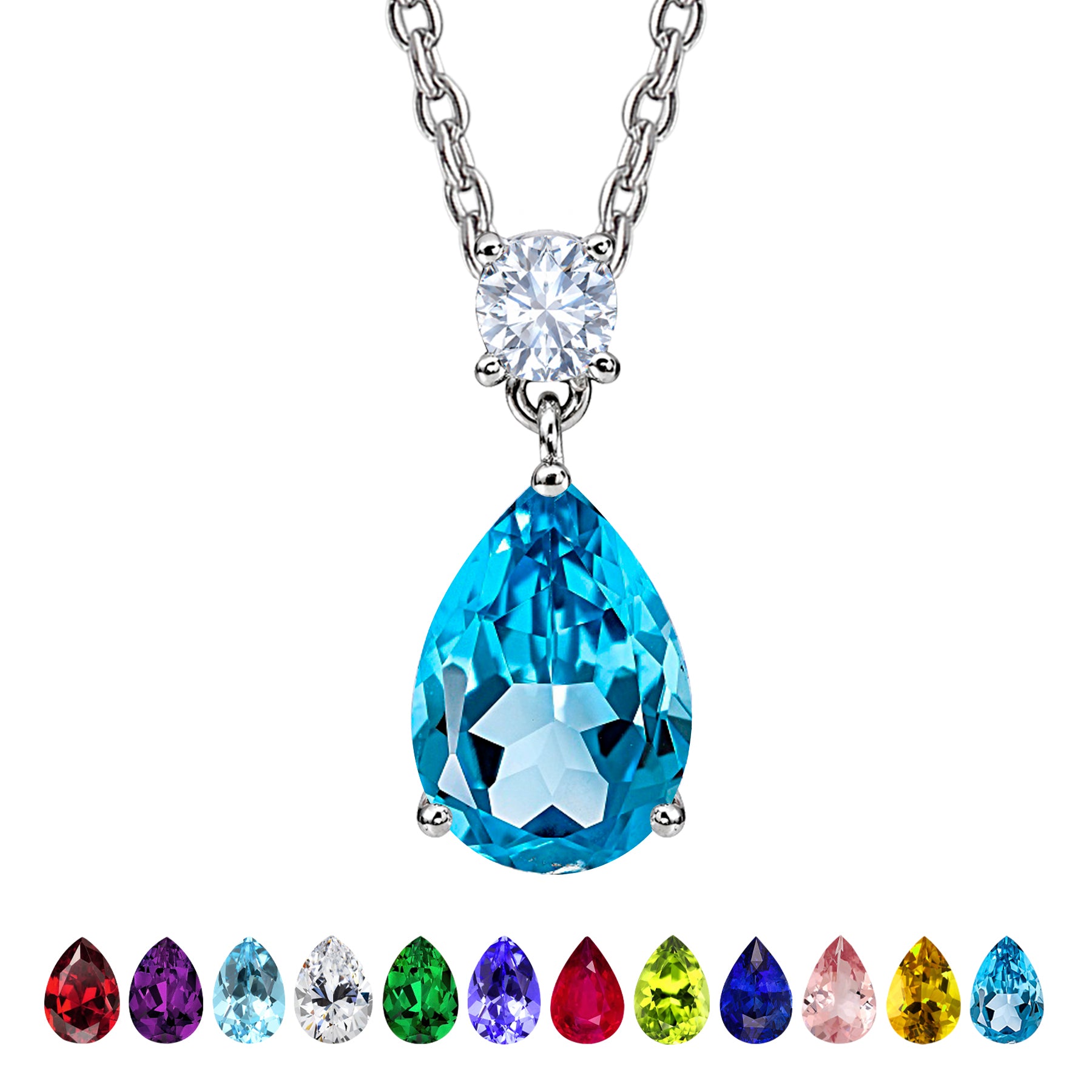 JeenMata 3.25 Carat Blue Topaz December Birthstone - Round and Pear Cut Dangle Pendant Necklace in 18k White Gold Plated for Women