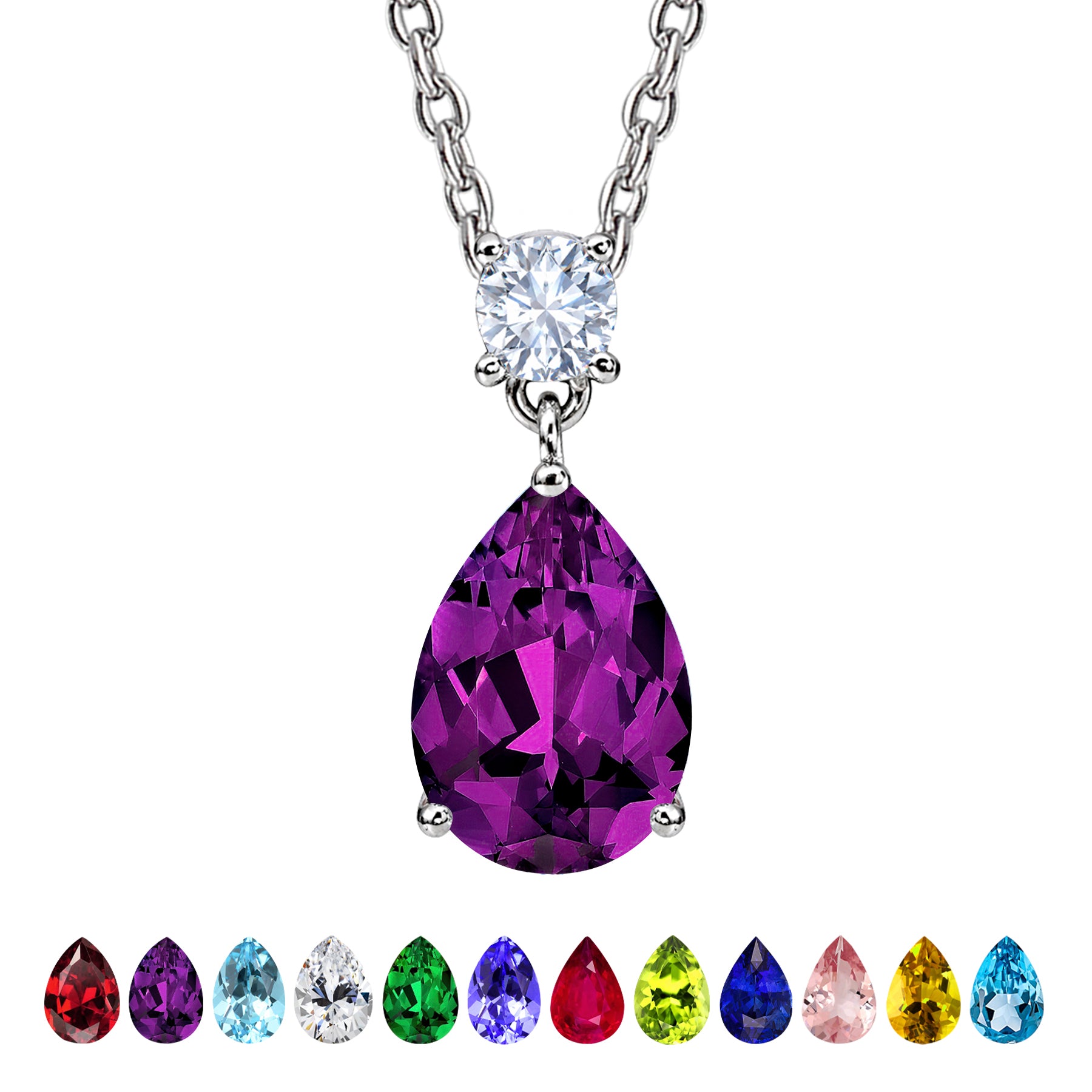 JeenMata 3.25 Carat Amethyst February Birthstone - Round and Pear Cut Dangle Pendant Necklace in 18k White Gold Plated for Women