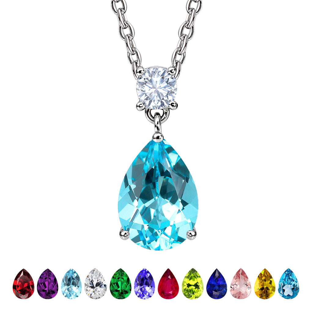 JeenMata 3.25 Carat Aquamarine March Birthstone - Round and Pear Cut Dangle Pendant Necklace in 18k White Gold Plated for Women