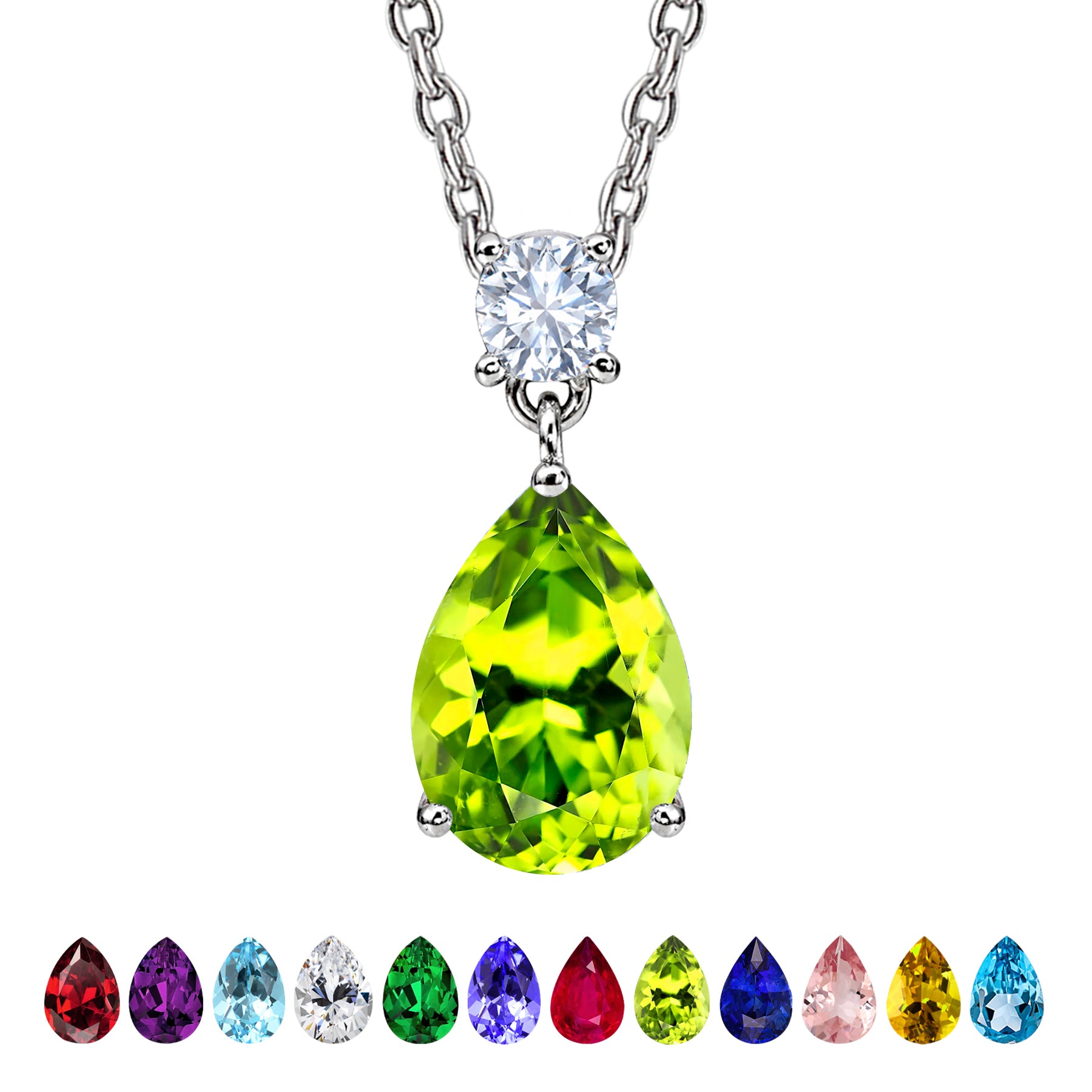 JeenMata 3.25 Carat Peridot August Birthstone - Round and Pear Cut Dangle Pendant Necklace in 18k White Gold Plated for Women