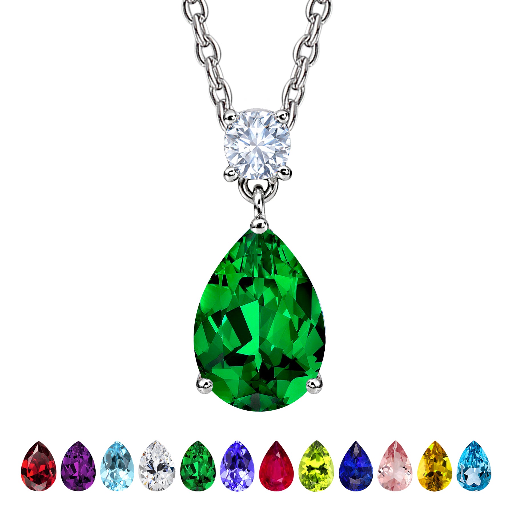 JeenMata 3.25 Carat Emerald May Birthstone - Round and Pear Cut Dangle Pendant Necklace in 18k White Gold Plated for Women