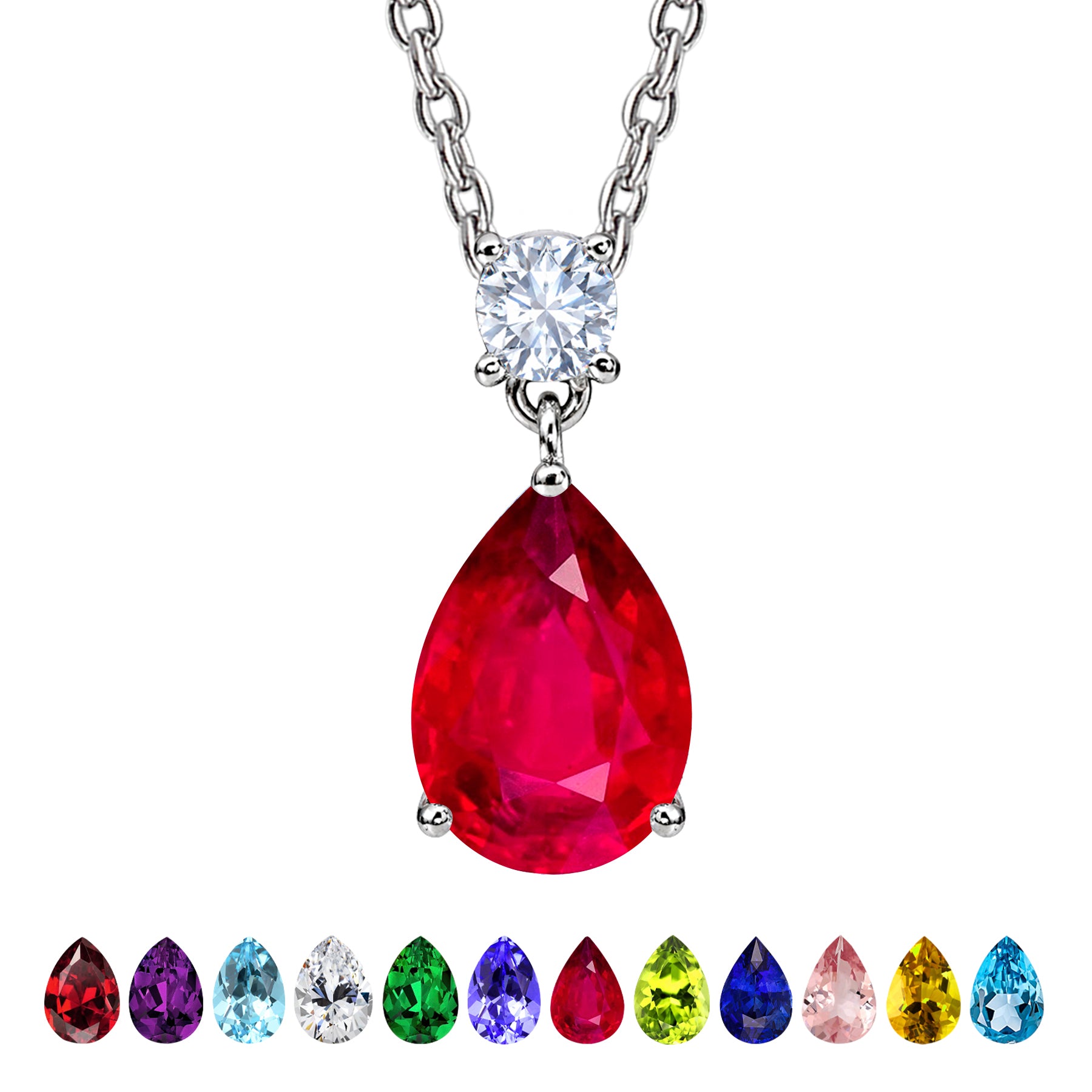 JeenMata 3.25 Carat Ruby July Birthstone - Round and Pear Cut Dangle Pendant Necklace in 18k White Gold Plated for Women