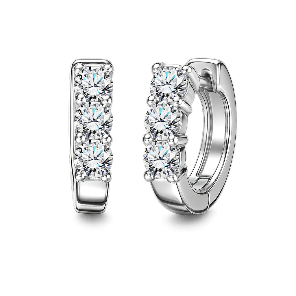 JeenMata 1 Carat Lab Grown Diamond Huggie Hoop Earrings - Round Cut Three Stones Huggie Earrings in 18K White Gold Plating for Women
