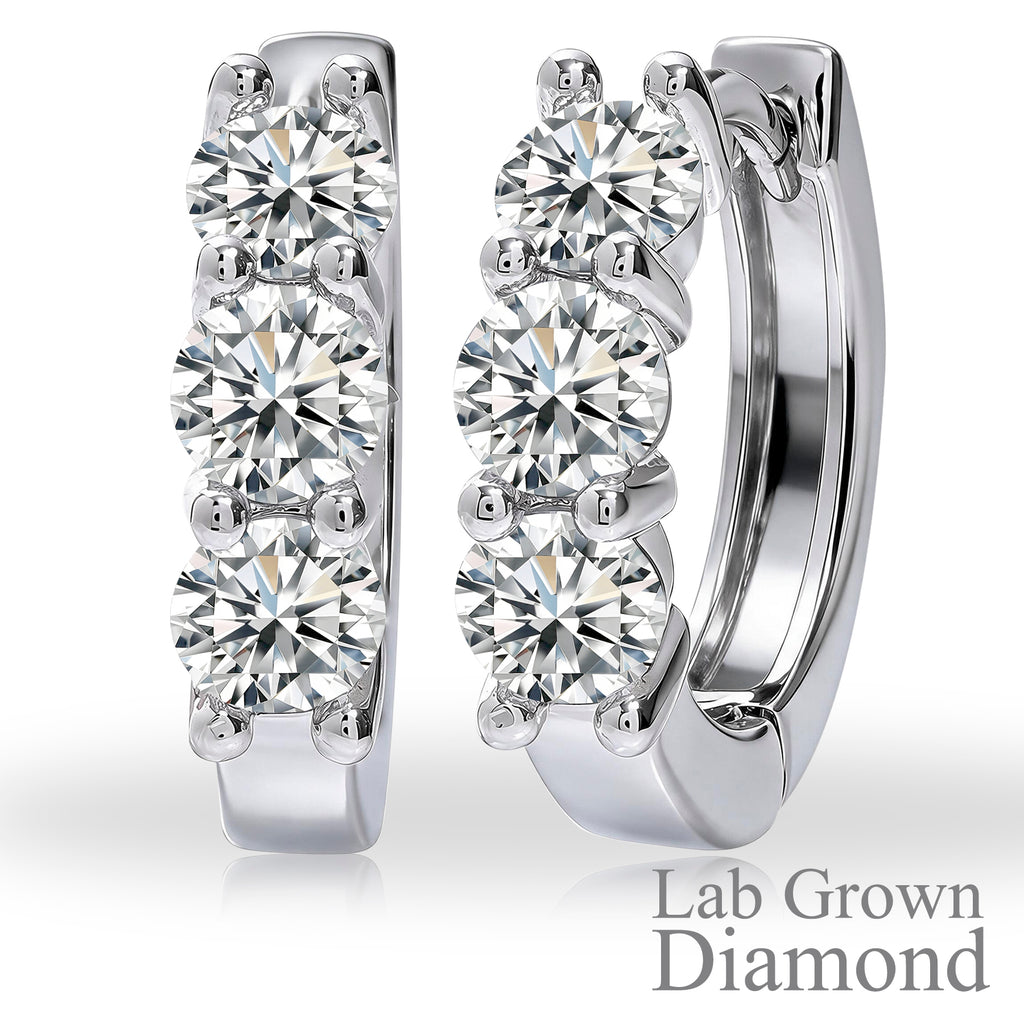 JeenMata 1 Carat Lab Grown Diamond Huggie Hoop Earring - Round Cut Three Stones Huggie Earrings in 18K White Gold Plating for Women, Gift for Her