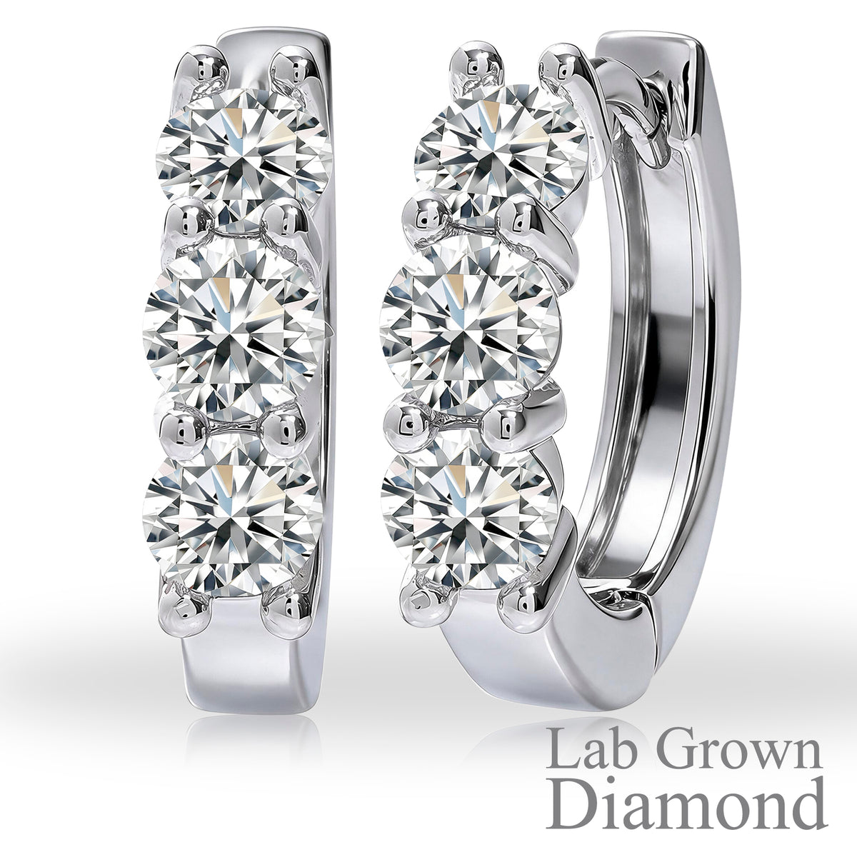 JeenMata 1 Carat Lab Grown Diamond Huggie Hoop Earring - Round Cut Three Stones Huggie Earrings in 18K White Gold Plating for Women, Gift for Her
