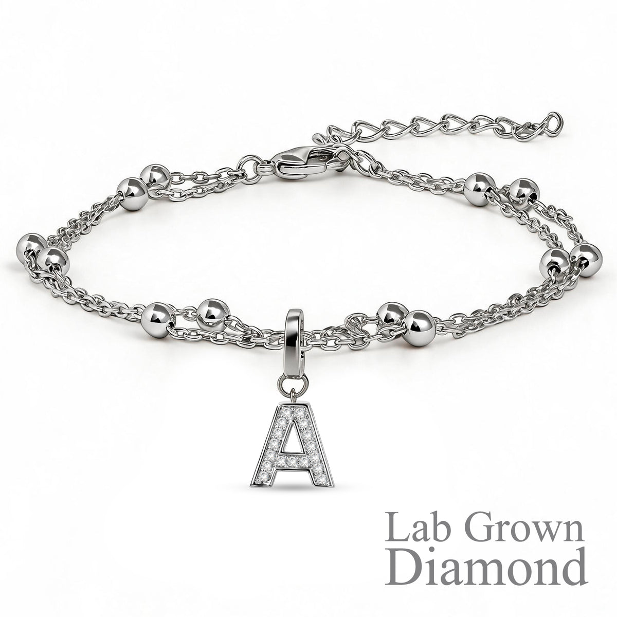 JeenMata Lab Grown Diamond Initial "A" Letter Bracelets - Double Layer Alphabet Jewelry Bracelet - 18K White Gold Plating for Women Jewelry