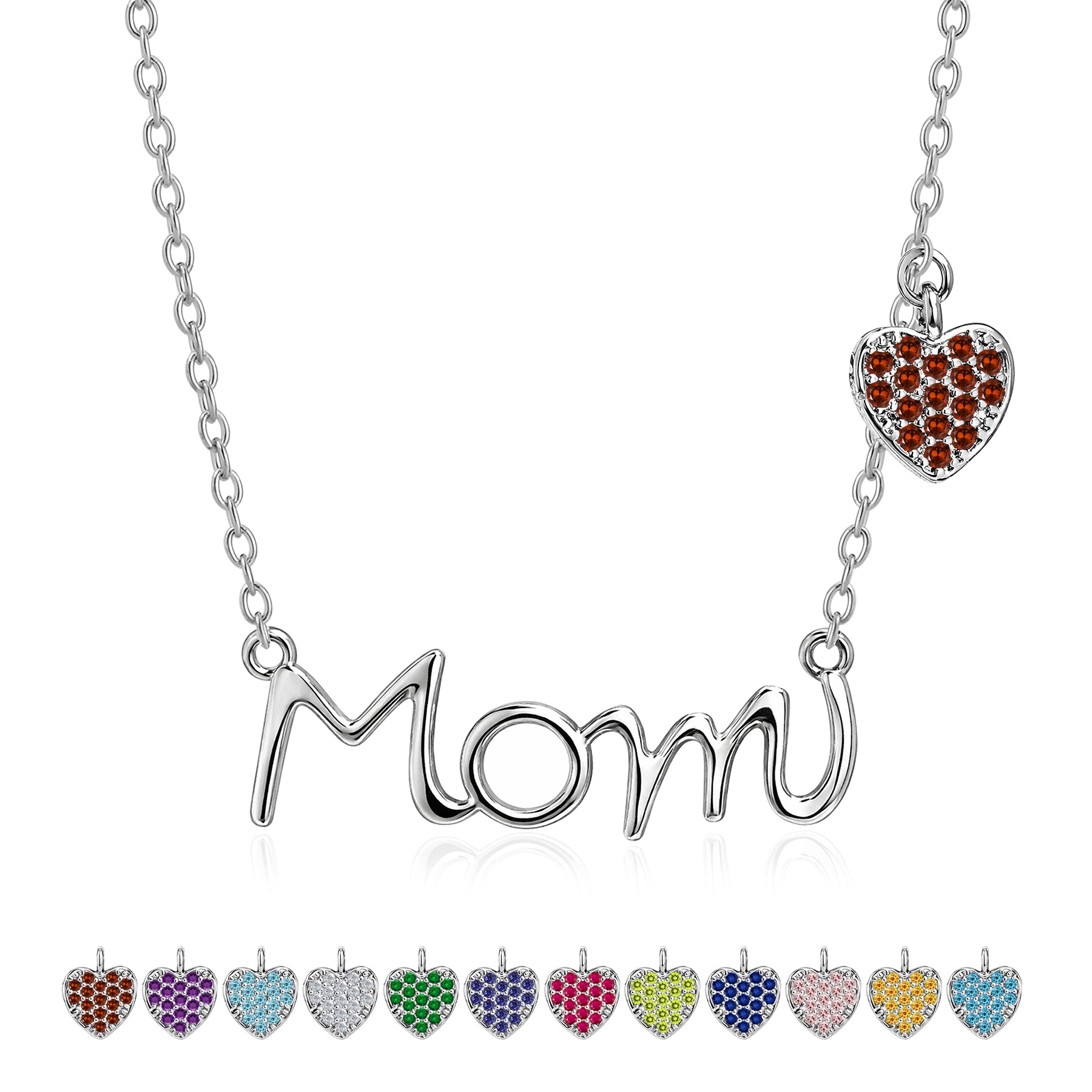 JeenMata Mom Pendant - Garnet January Birthstone Decorated Heart Charm Pendant Necklace in 18K White Gold Plating, Mother's Day, Gift for MOM