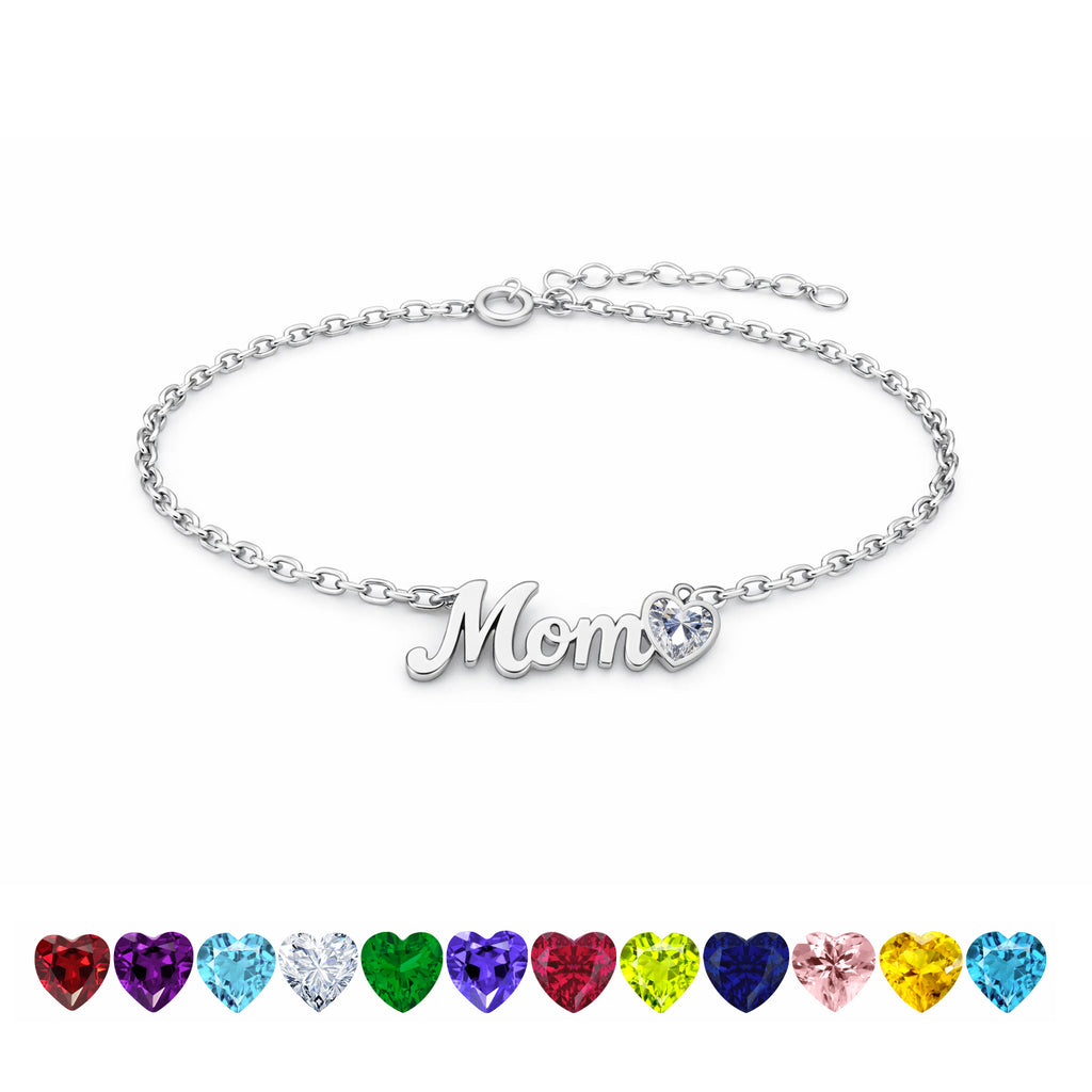 JeenMata MOM Heart Charm - April Cubic Zirconia Birthstone Chain Bracelet in 18K White Gold Plating for Women, Mother’s Day Gift