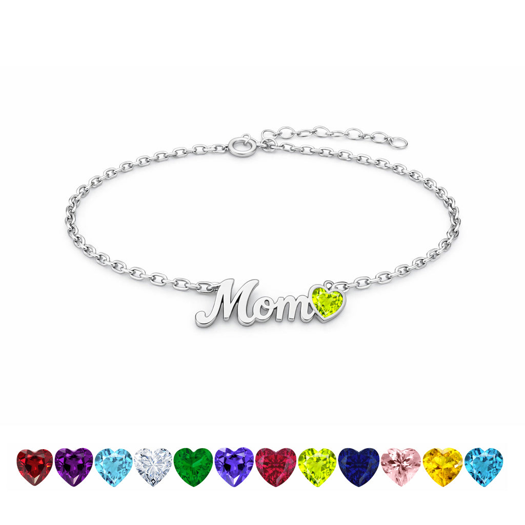 JeenMata MOM Heart Charm - August Peridot Birthstone Chain Bracelet in 18K White Gold Plating for Women, Mother’s Day Gift