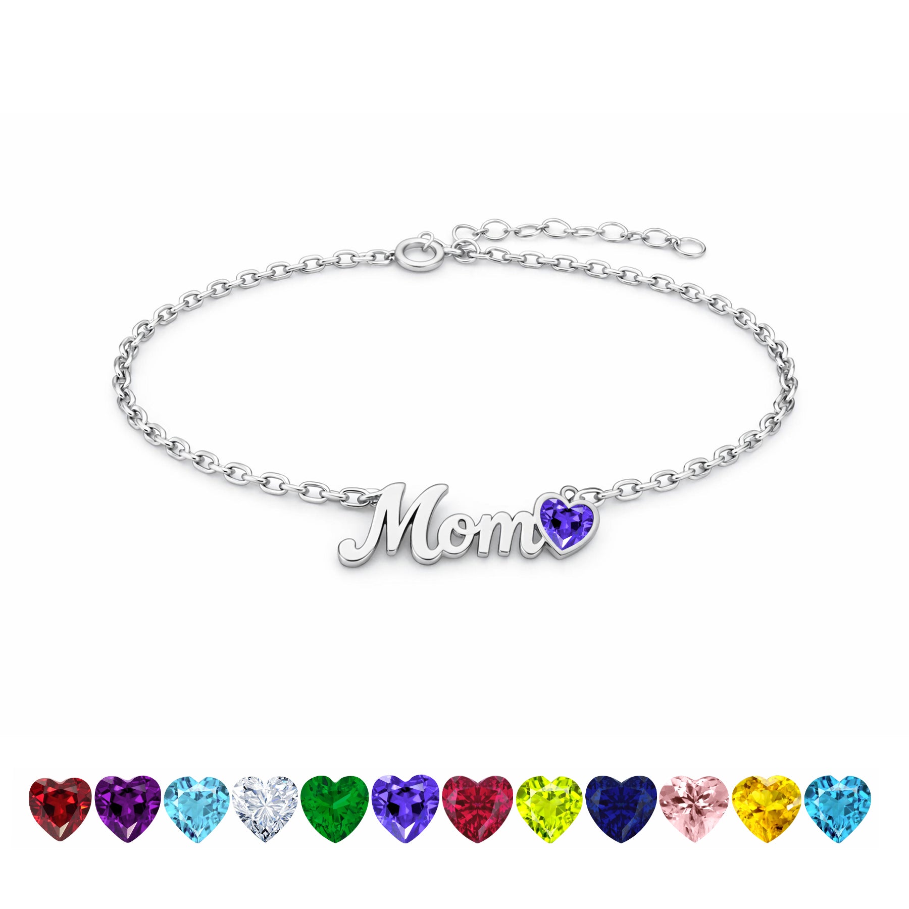 JeenMata MOM Heart Charm - June Alexandrite Birthstone Chain Bracelet in 18K White Gold Plating for Women, Mother’s Day Gift