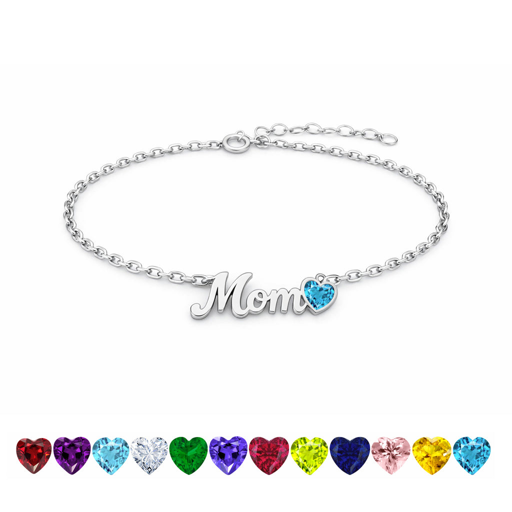 JeenMata MOM Heart Charm - December Blue Topaz Birthstone Chain Bracelet in 18K White Gold Plating for Women, Mother’s Day Gift