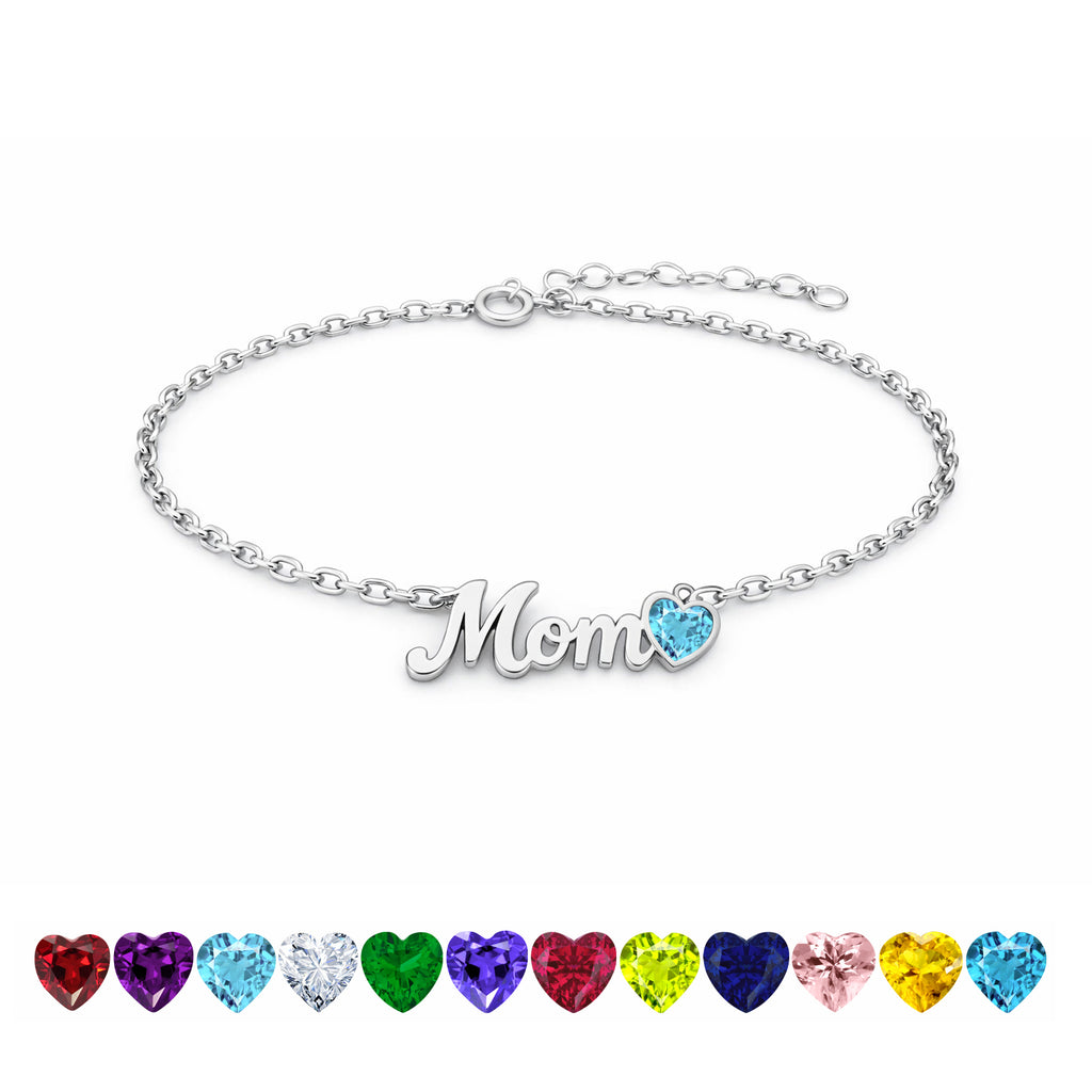 JeenMata MOM Heart Charm - March Aquamarine Birthstone Chain Bracelet in 18K White Gold Plating for Women, Mother’s Day Gift