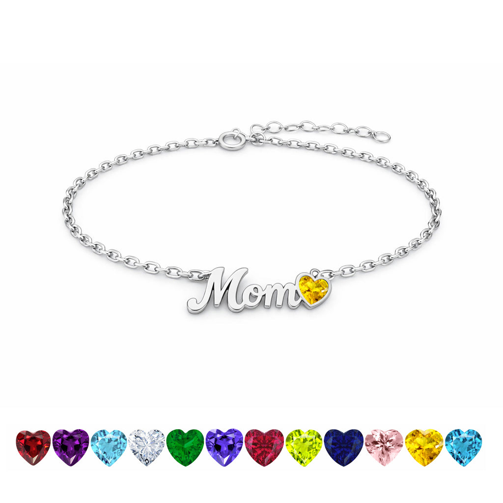 JeenMata MOM Heart Charm - November Citrine Birthstone Chain Bracelet in 18K White Gold Plating for Women, Mother’s Day Gift