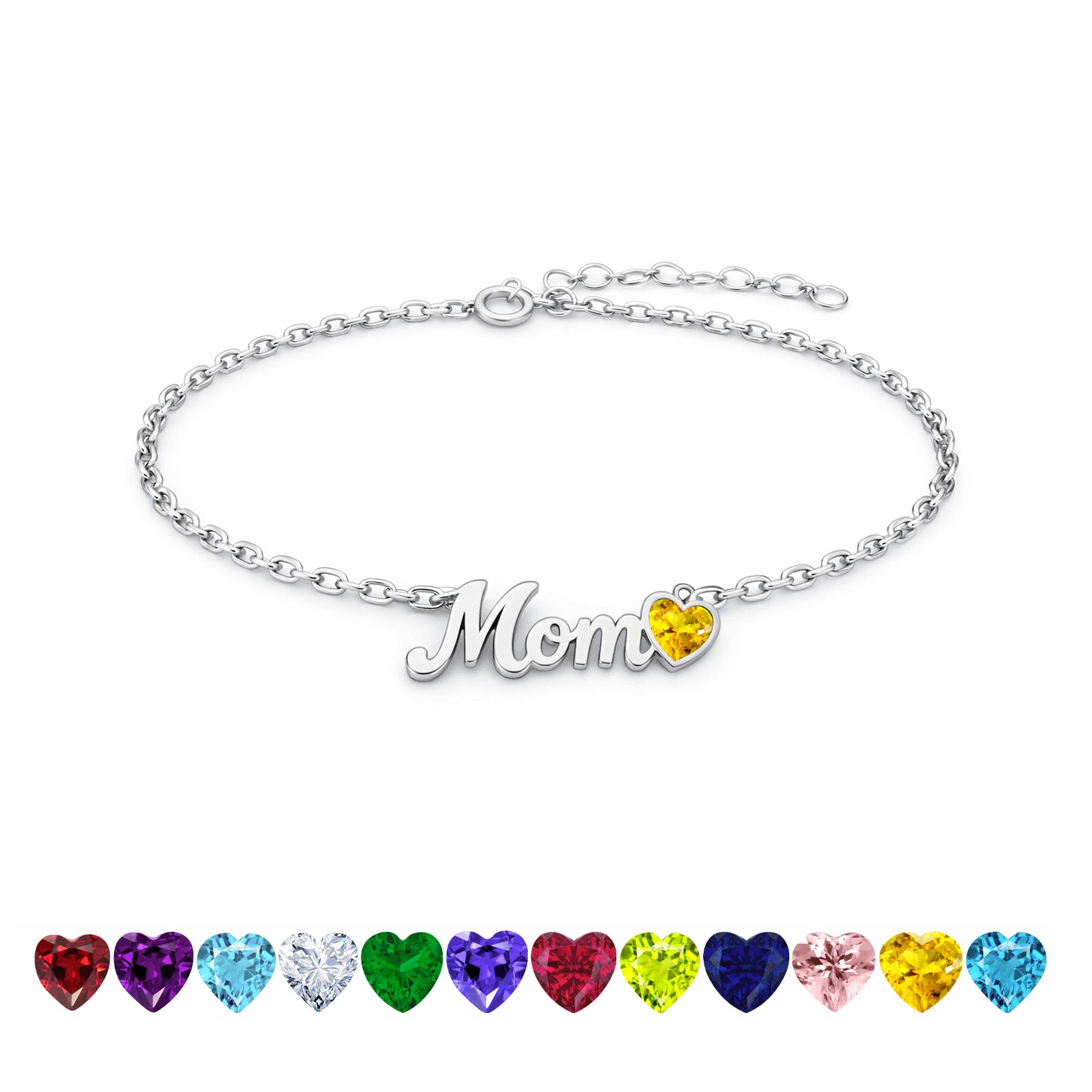 JeenMata MOM Heart Charm - November Citrine Birthstone Chain Bracelet in 18K White Gold Plating for Women, Mother’s Day Gift