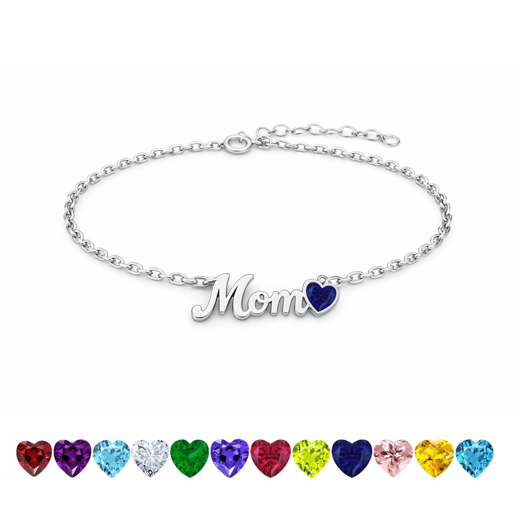JeenMata MOM Heart Charm - September Royal Blue Sapphire Birthstone Chain Bracelet in 18K White Gold Plating for Women, Mother’s Day Gift