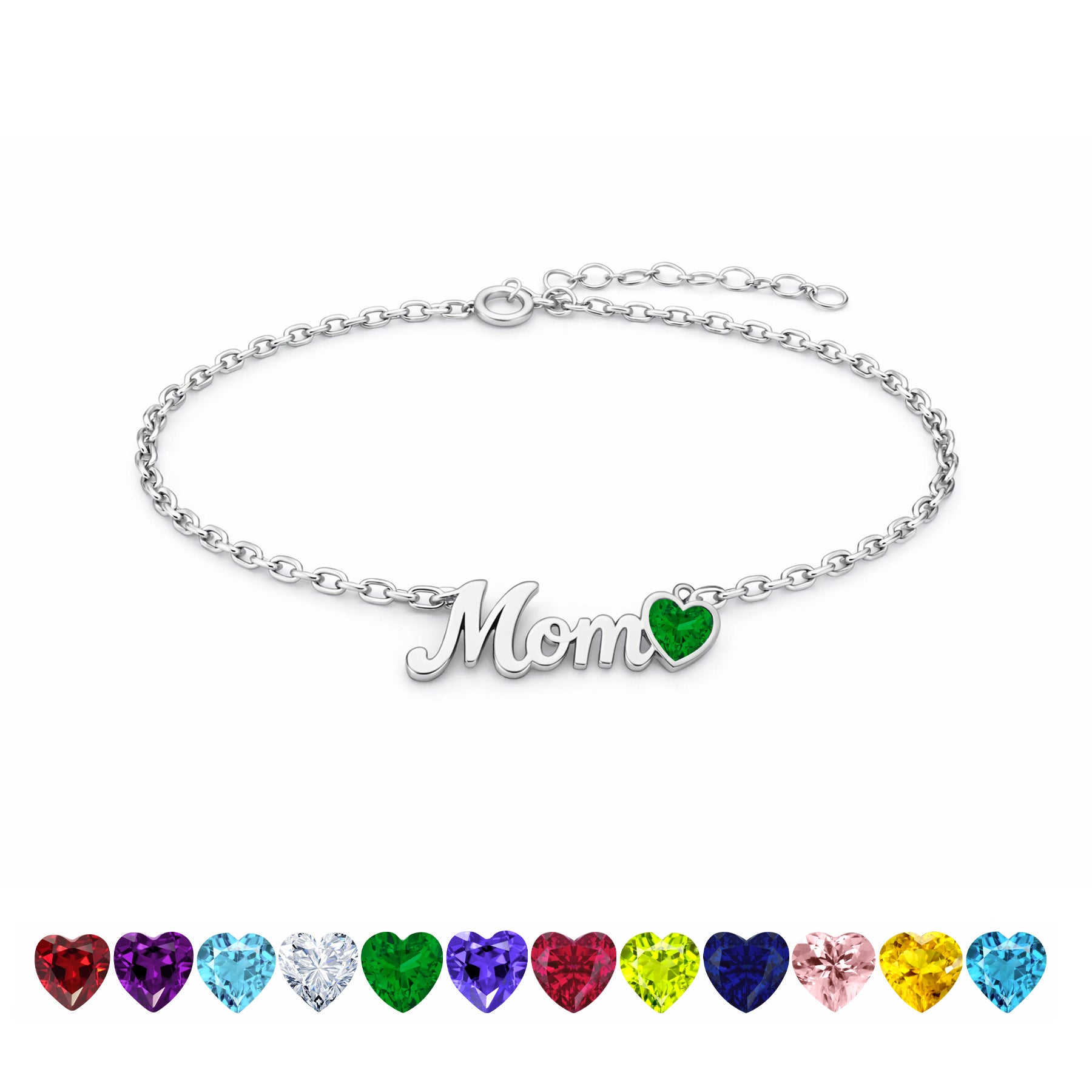JeenMata MOM Heart Charm - May Emerald Birthstone Chain Bracelet in 18K White Gold Plating for Women, Mother’s Day Gift