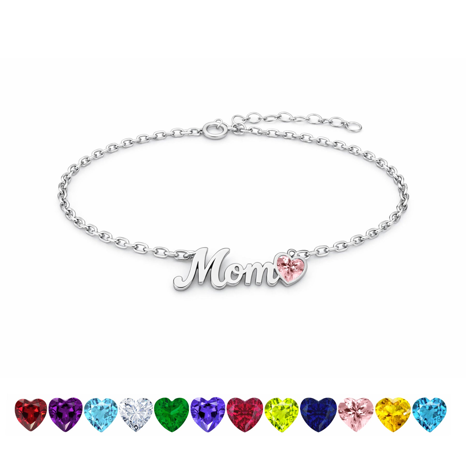 JeenMata MOM Heart Charm - October Pink Tourmaline Birthstone Chain Bracelet in 18K White Gold Plating for Women, Mother’s Day Gift