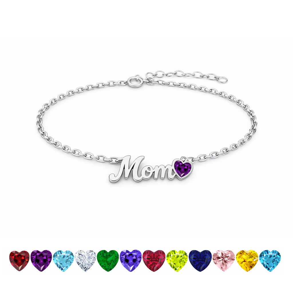 JeenMata MOM Heart Charm - February Amethyst Birthstone Chain Bracelet in 18K White Gold Plating for Women, Mother’s Day Gift