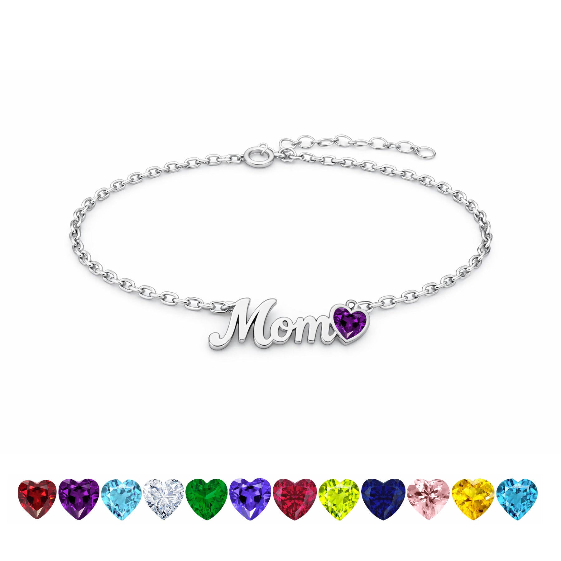 JeenMata MOM Heart Charm - February Amethyst Birthstone Chain Bracelet in 18K White Gold Plating for Women, Mother’s Day Gift