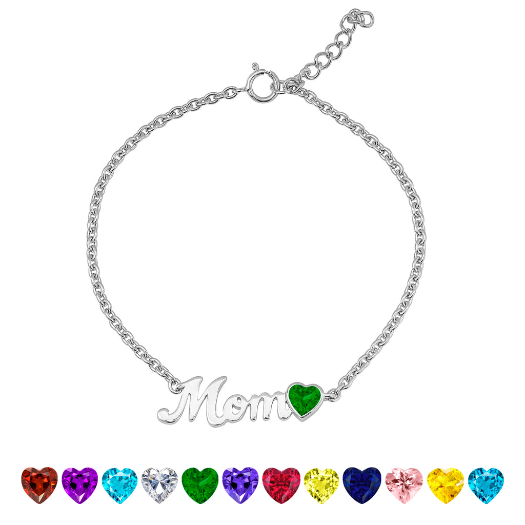 JeenMata MOM May Emerald Birthstone - Heart Charm Chain Bracelet in 18K White Gold Plating for Women, Mother’s Day Gift