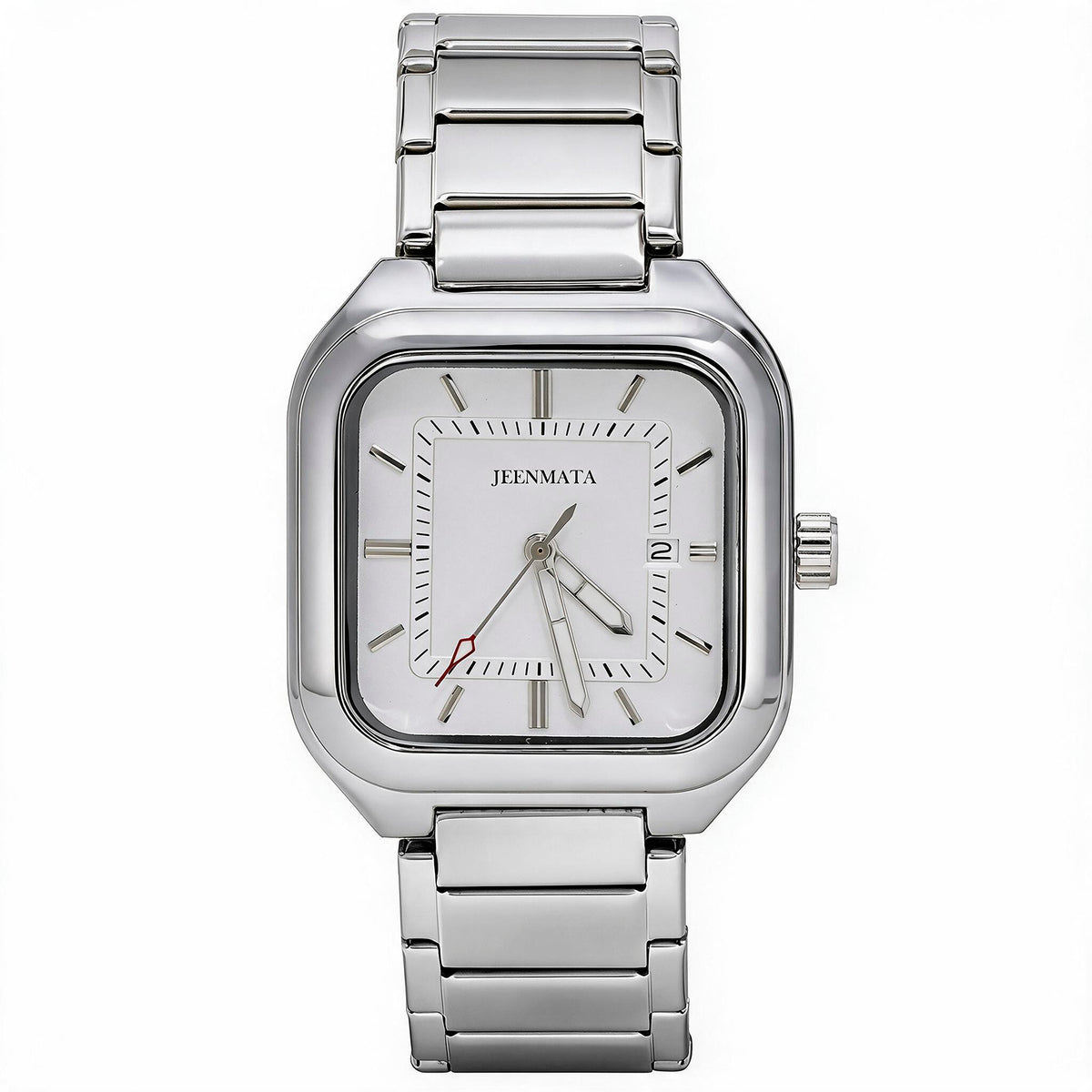JeenMata Men’s Square Stainless Steel Watch, Water Resistant White Textured Dial with Date Window