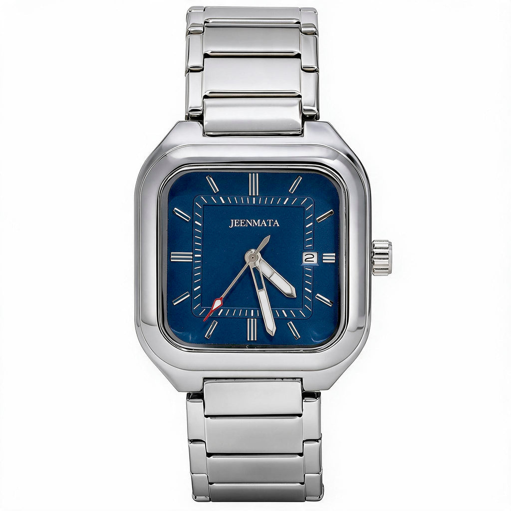 JeenMata Men’s Square Stainless Steel Watch, Water Resistant Blue Textured Dial with Date Window