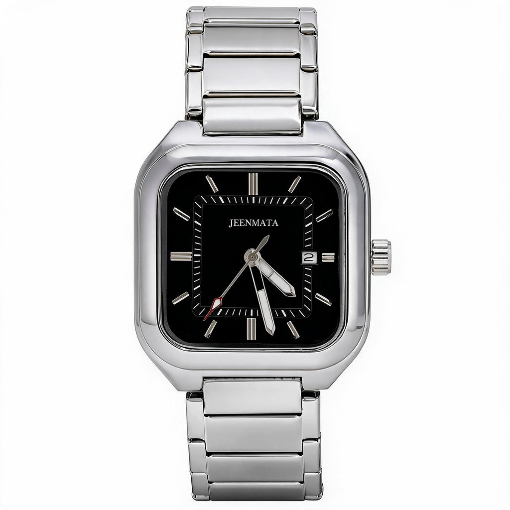 JeenMata Men’s Square Stainless Steel Watch, Water Resistant Black Textured Dial with Date Window