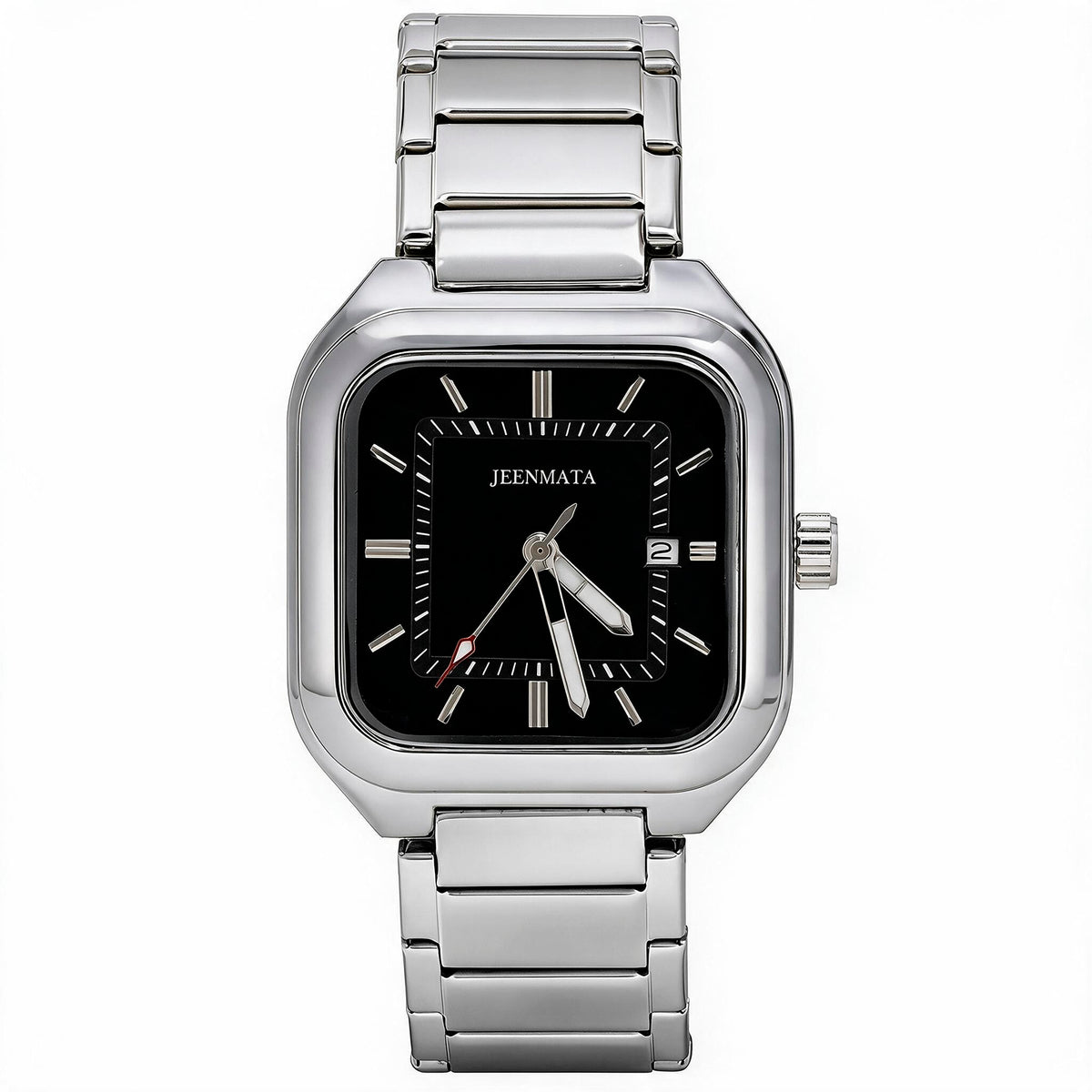 JeenMata Men’s Square Stainless Steel Watch, Water Resistant Black Textured Dial with Date Window