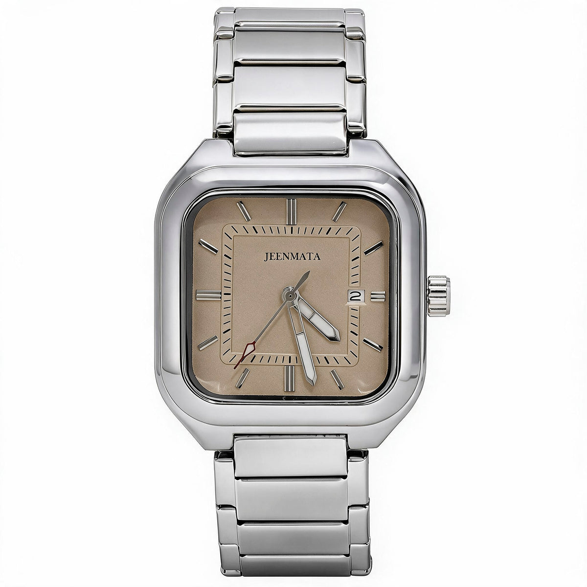 JeenMata Men’s Square Stainless Steel Watch, Water Resistant Beige Textured Dial with Date Window