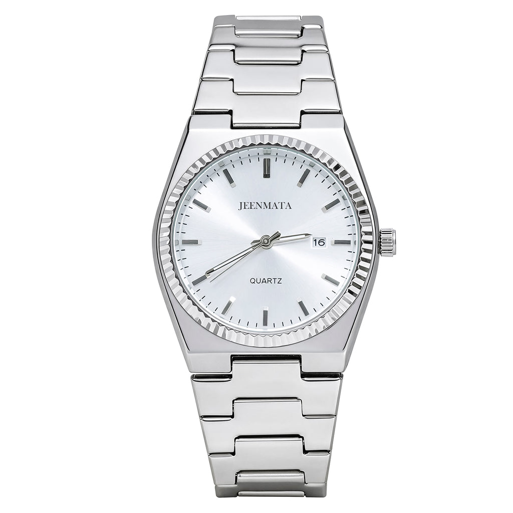 JeenMata Men’s Stainless Steel Integrated Bracelet Watch, Water-Resistant White Dial with Fluted Bezel & Date