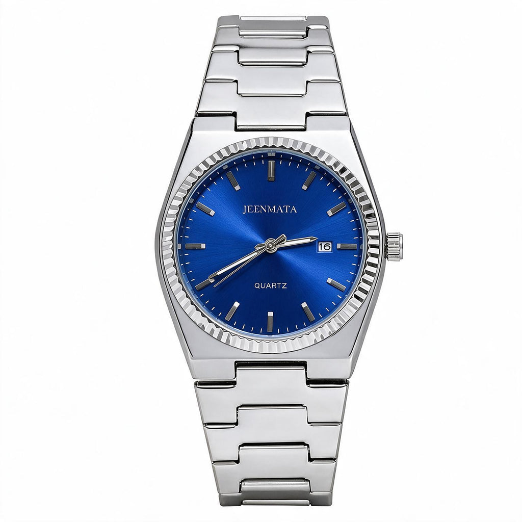 JeenMata Men’s Stainless Steel Integrated Bracelet Watch, Water-Resistant Sunray Blue Dial with Fluted Bezel & Date