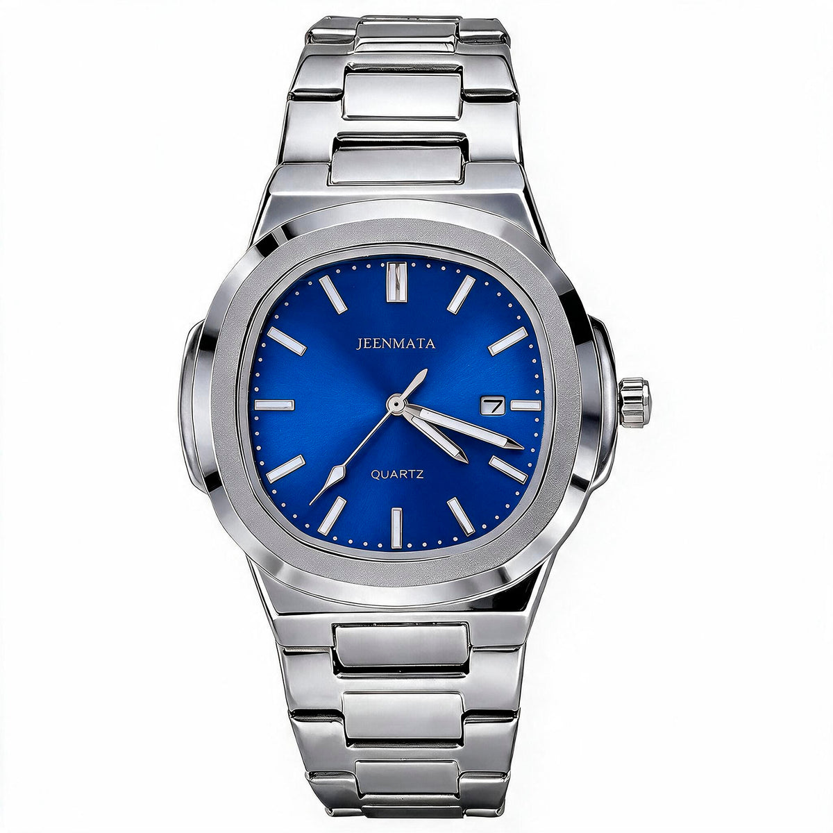 JeenMata Men’s Stainless Steel Nautilus-Style Watch, Water-Resistant Sunray Blue Dial with Date Window