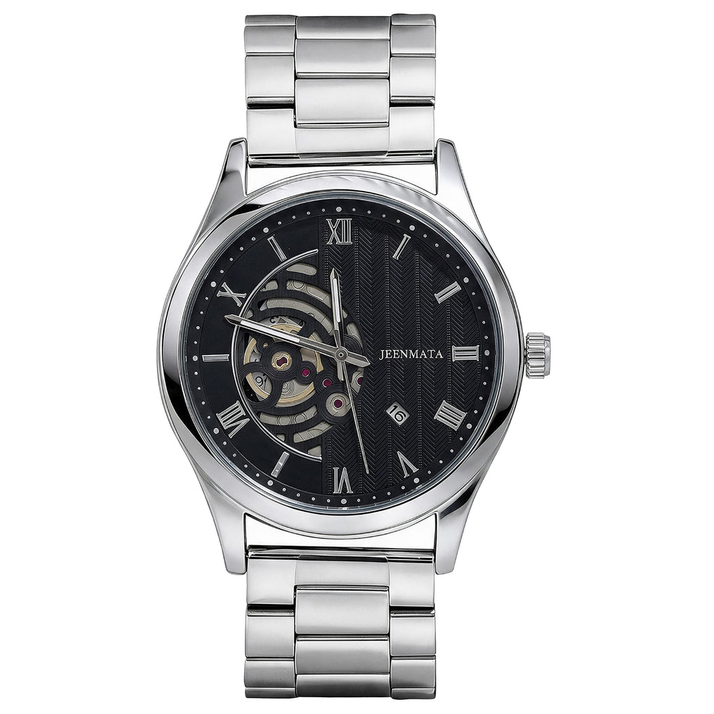 JeenMata Men’s Skeleton Dial Stainless Steel Watch, Water-Resistant Black Dial with Roman Numerals