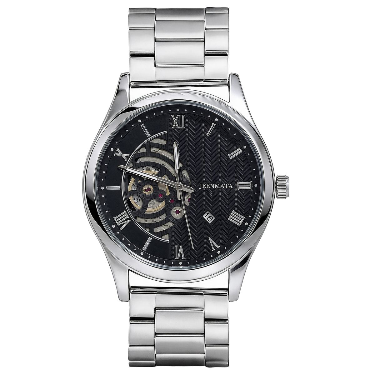 JeenMata Men’s Skeleton Dial Stainless Steel Watch, Water-Resistant Black Dial with Roman Numerals