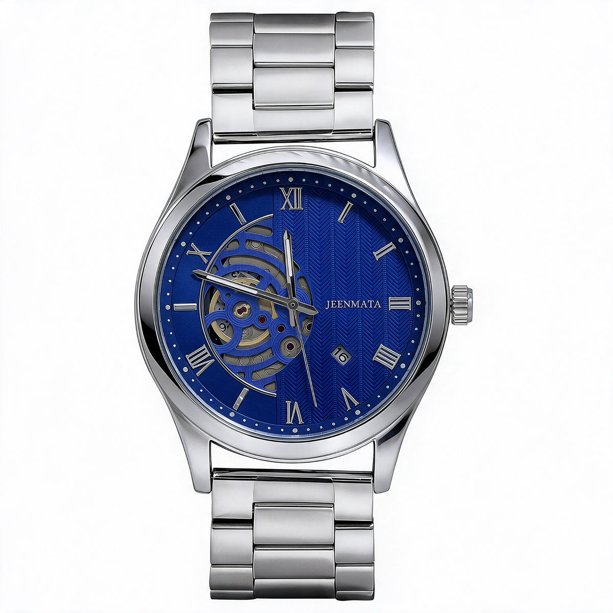 JeenMata Men’s Skeleton Dial Stainless Steel Watch, Water-Resistant Blue Dial with Roman Numerals